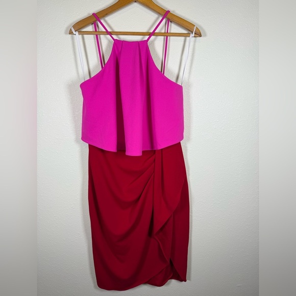 Betsy & Adam Pink and Red Faux Wrap Dress Halter Size 8 Knee Length - Picture 3 of 10